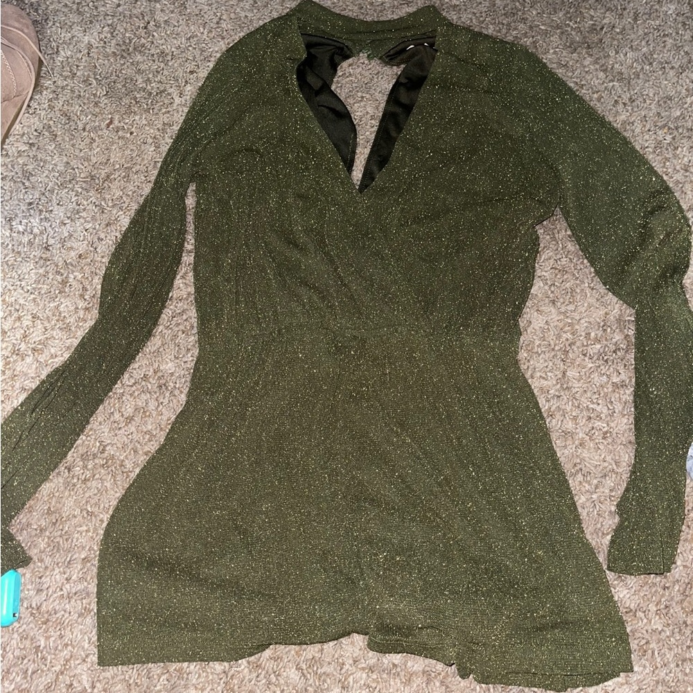 Olive Romper with Gold Sparkles with open back. Size S Condition is very good.